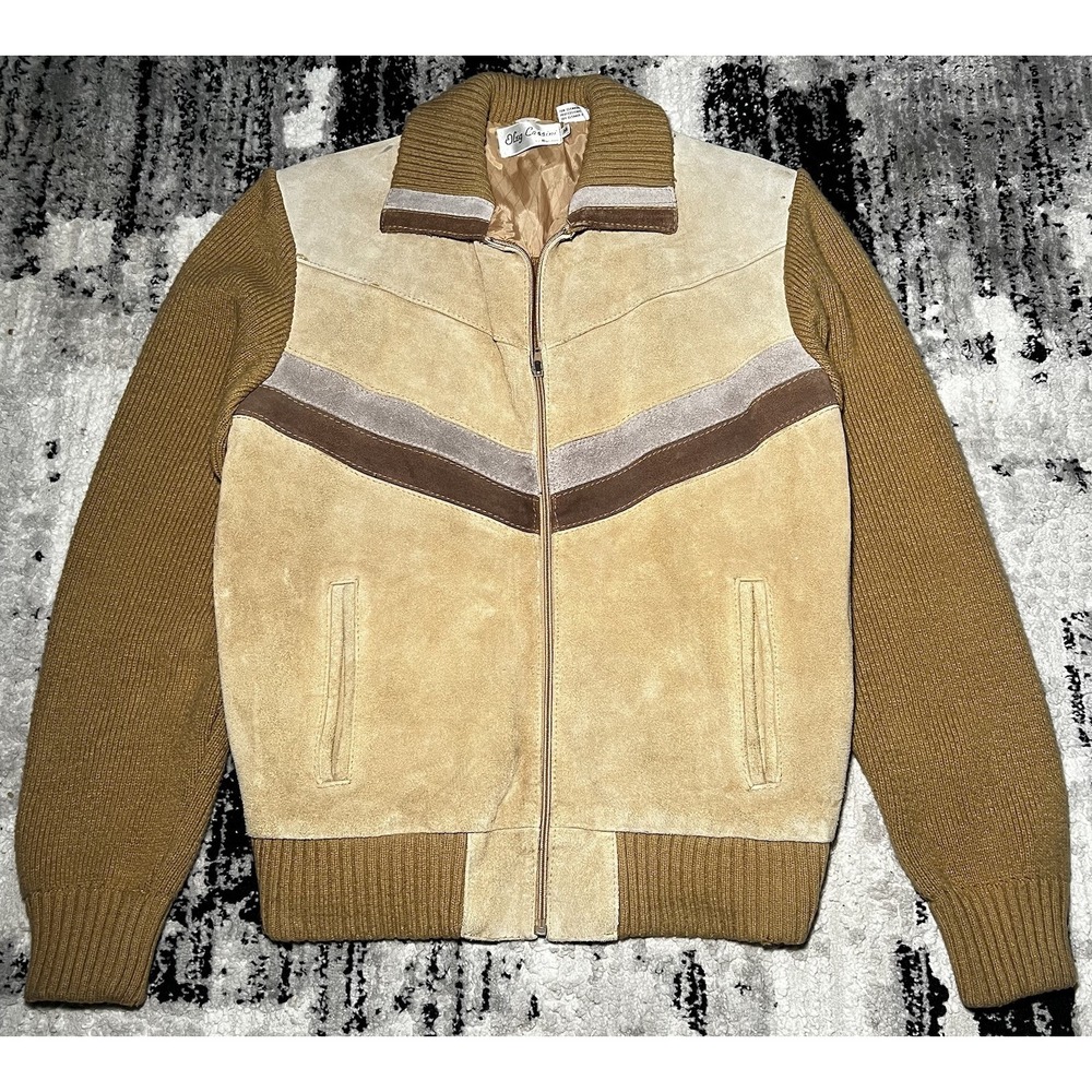 Oleg Cassini Vintage Leather Jacket Men Size Medium Suede Brown Vintage Striped